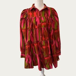 Peach Love California Vibrant Pink and Olive Dress‎ Puff Sleeves Pockets Size S